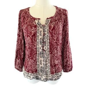 Lucky Brand Burgundy Boho Floral Blouse Women’s Small Long Sleeve Artsy Festival